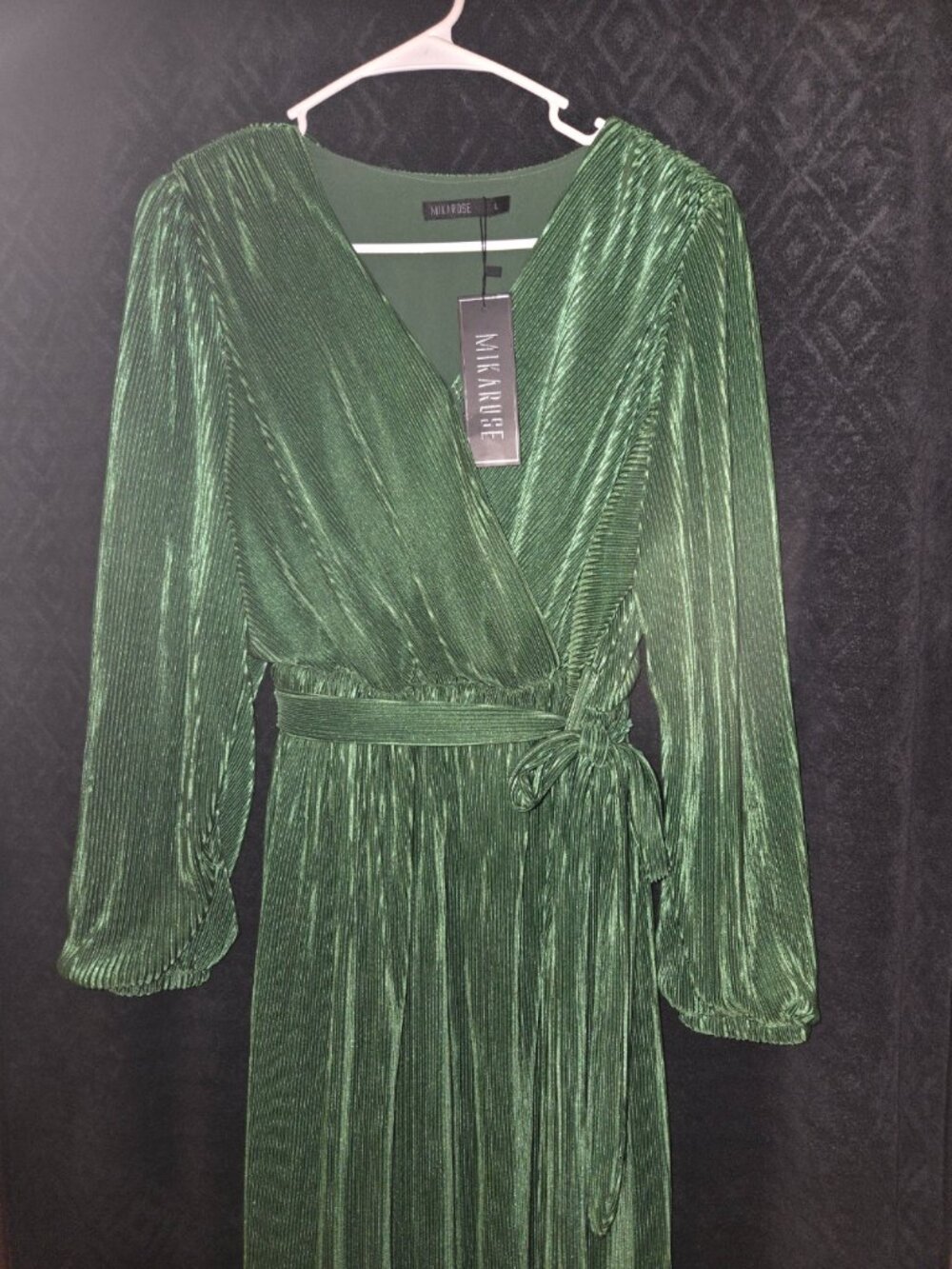 Mikarose Pleated Satin Dress Long Sleeve V-Neck Belted